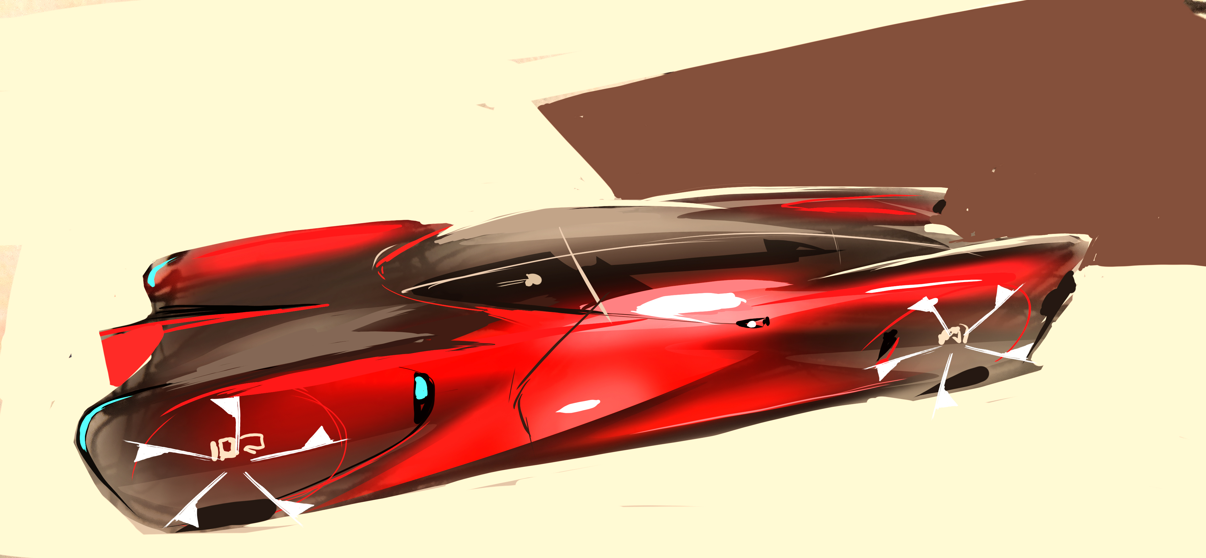 An original red car design sketch from Aaron’s archive